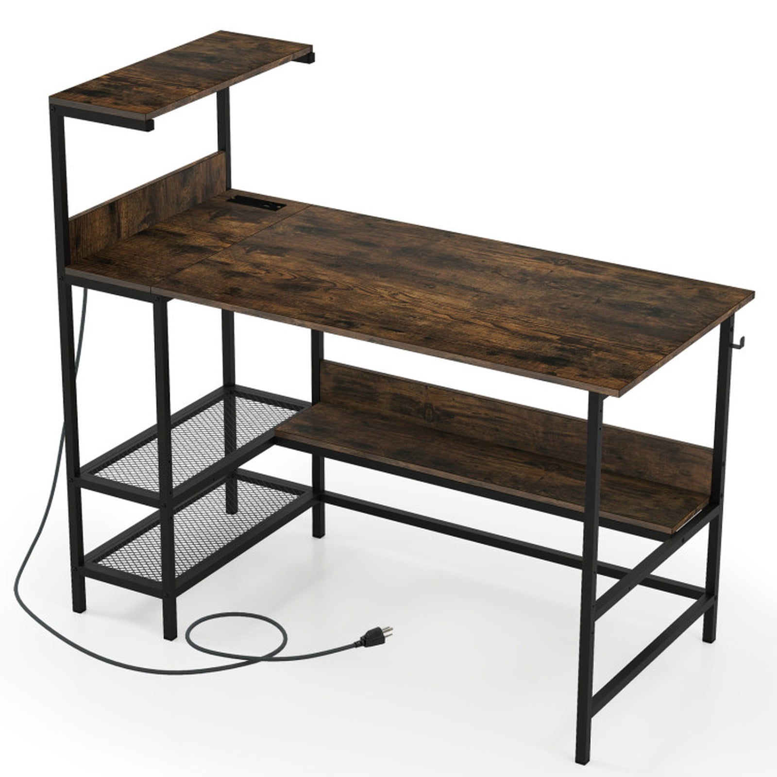 Furnibear 48 Inch Computer Desk Home Office Desk with Power Outlets and Storage Shelves for Study Workspace, Rustic Brown
