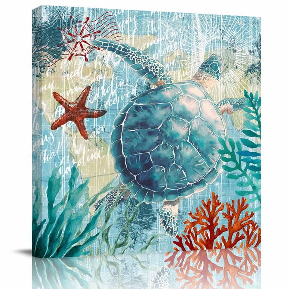 Framed Canvas Wall Art for Living Room Sea Turtle Wall Decor, Anchor Coral Ocean Marine Life Aesthetic Paintings for Bedroom Office Kitchen Bathroom, Ready to Hang Artwork Wall Pictures 8x8 Inch