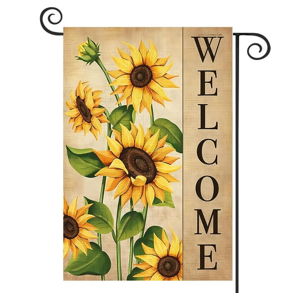 DMERBYL Welcome Floral Spring Summer Garden Flag 12x18 Double Sided, Burlap Small Vertical Spring Summer Fall Sunflower Flower Garden Yard Flags for Seasonal Outside Outdoor House Decoration