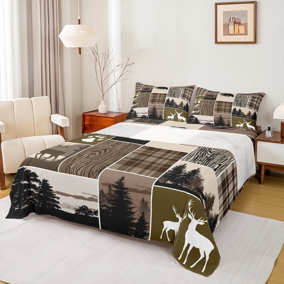Homewish Safari Deer Bed Sheets,Rustic Farmhouse Cabin King Sheets,Brown Beige Black Sheet Set For Adults,Ultra Soft Home Decor,4-Piece