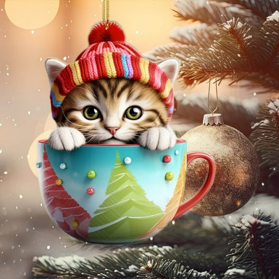 Loyerfyivos Christmas Ornaments Teacup Cat Decorations Kitten Kawaii Snowflake Hanging Christmas Ornaments 2024 Vintage Party Holiday Santa New Year for Mini Christmas Tree Supplies Merry Christmas
