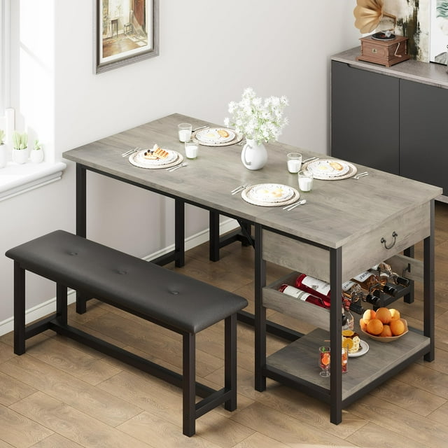 Yiwa Dining Table Set for 4, Kitchen Dining Table Set with Upholstered Benches, Kitchen Dining Room Table with Storage Drawers & Wine Rack for Small Space