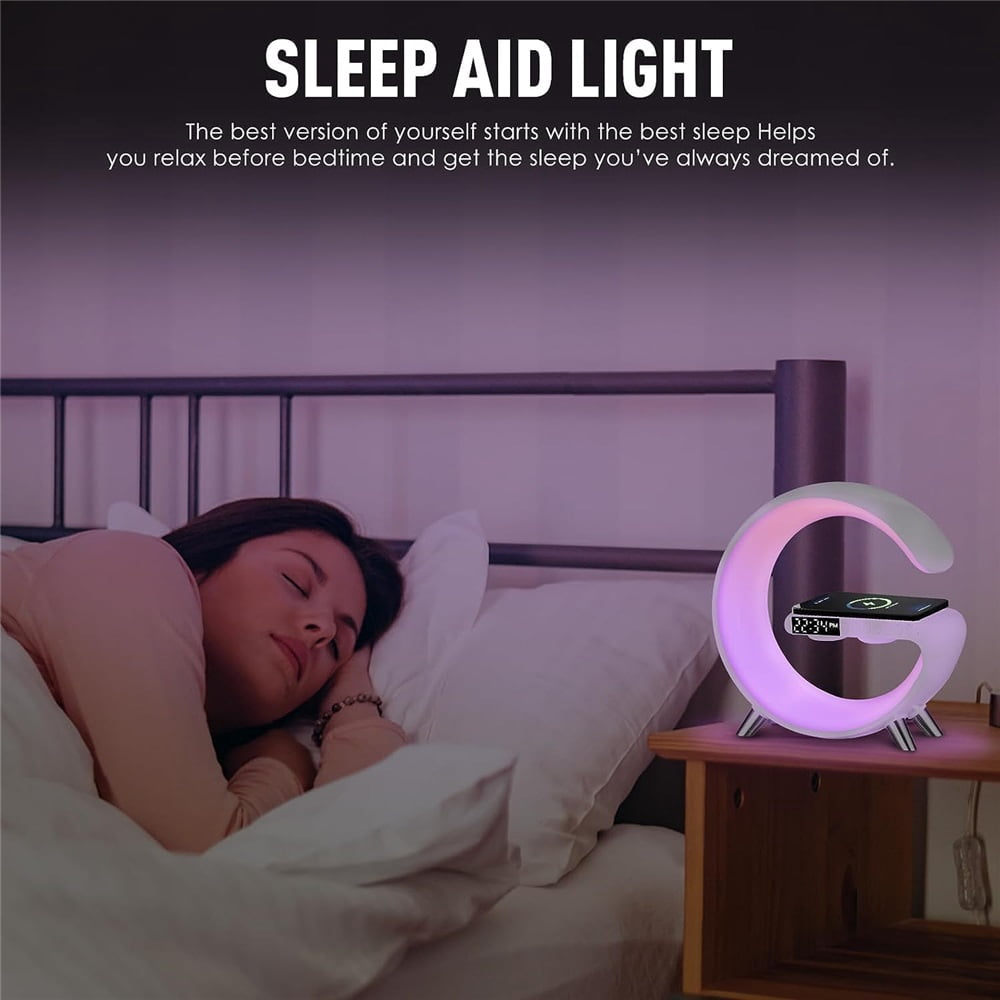 Smart LED Desk Lamp, 4-in-1 Wireless Charger, Night Light, Alarm Clock and Bluetooth Speaker with App Control for Bedroom, Office and Home Decoration,White