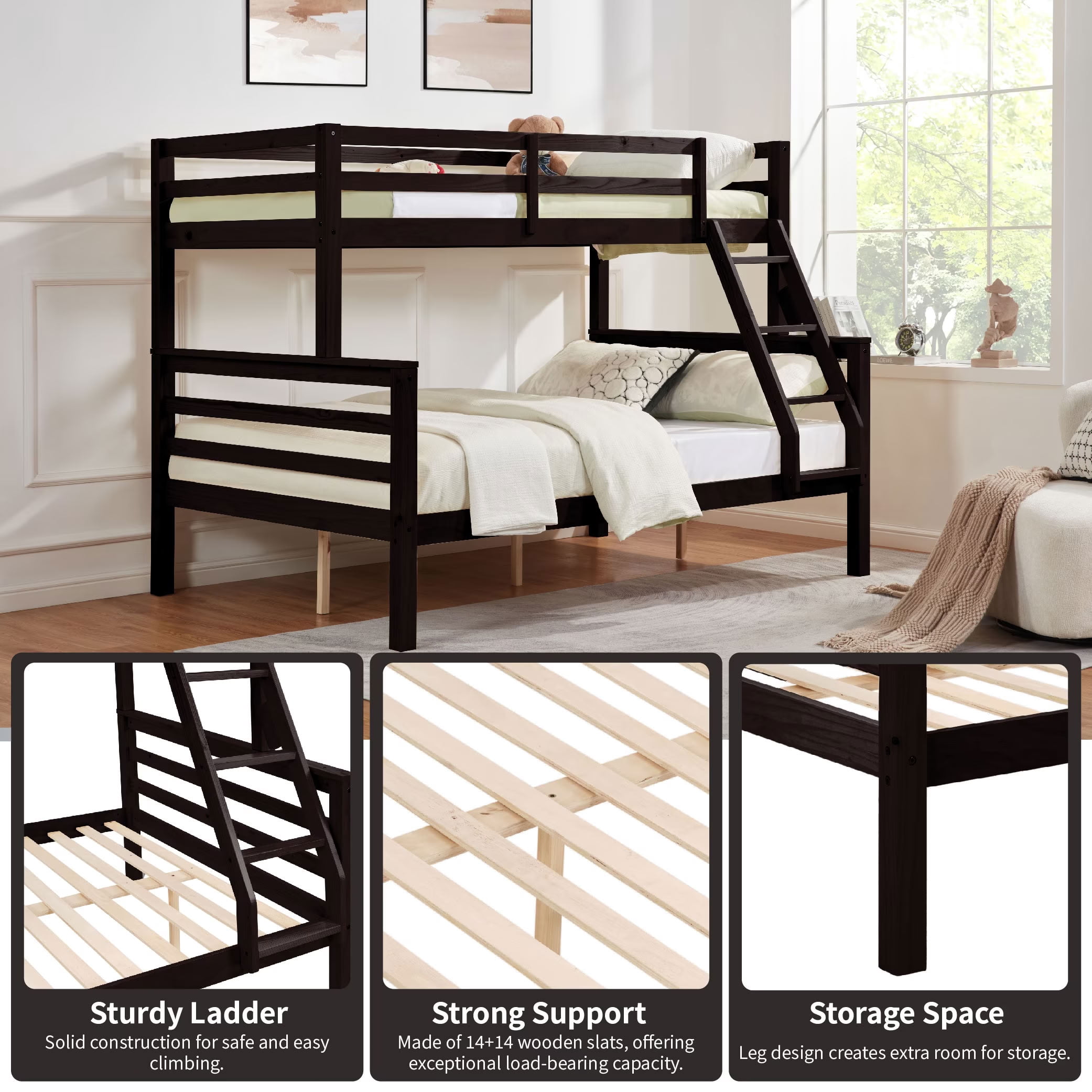 MAYEERTY Twin over Full Bunk Bed with Thick Posts, Solid Wood Bed Frame with High Guardrail and Ladder, for Kids Teens Dorm Rooms Guest Rooms, No Box Spring Needed