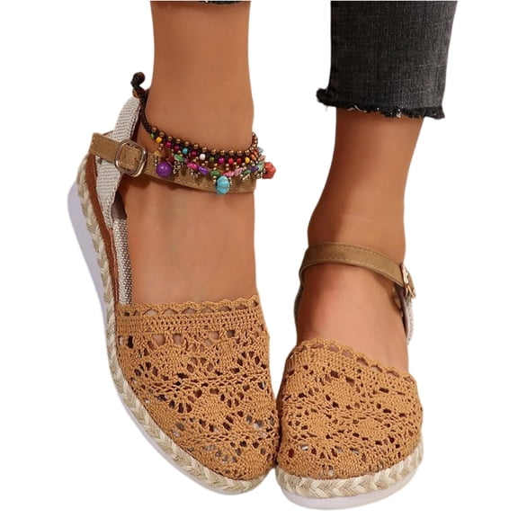 Norvail Closed Toe Wedge Sandals for Women Boho Lace Espadrilles Ankle Strap Buckle, Summer Beach Wedding Vacation Dress Shoes