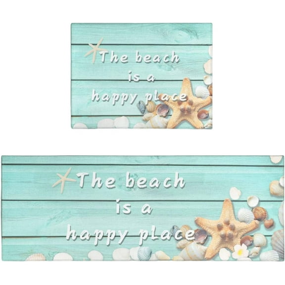 Coastal Kitchen Rugs - Kitchen Mat Set of 2, Blue Kitchen Rugs and Mats, Kitchen Sink Floor Mat, Non Slip Kitchen Rug Set, Ocean Beach Kitchen Decor Accessories, Kitchen Beach Mat 17x30 and 17x47 Inch
