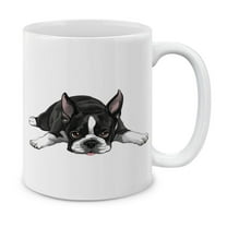 WIRESTER 11oz 325ml Ceramic Tea Cup Coffee Mug With Handgrip For Gift, Birthday, Anniversary, Christmas - Boston Terrier Dog Lying Down Looking Up