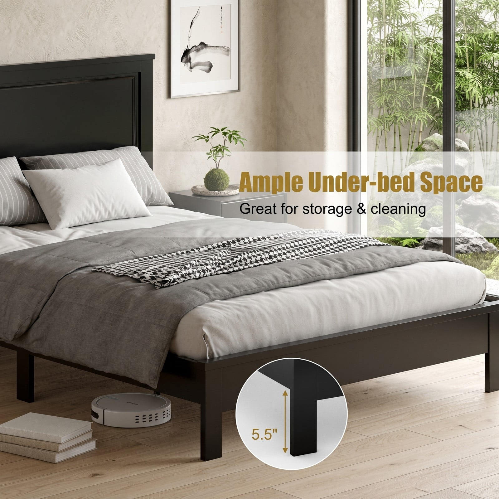 Furnibear Queen Size Bed Frame, Wood Platform Bed Frame with High Slatted Headboard and Rubber Wood Legs, Queen Bed Frame No Box Spring, Espresso