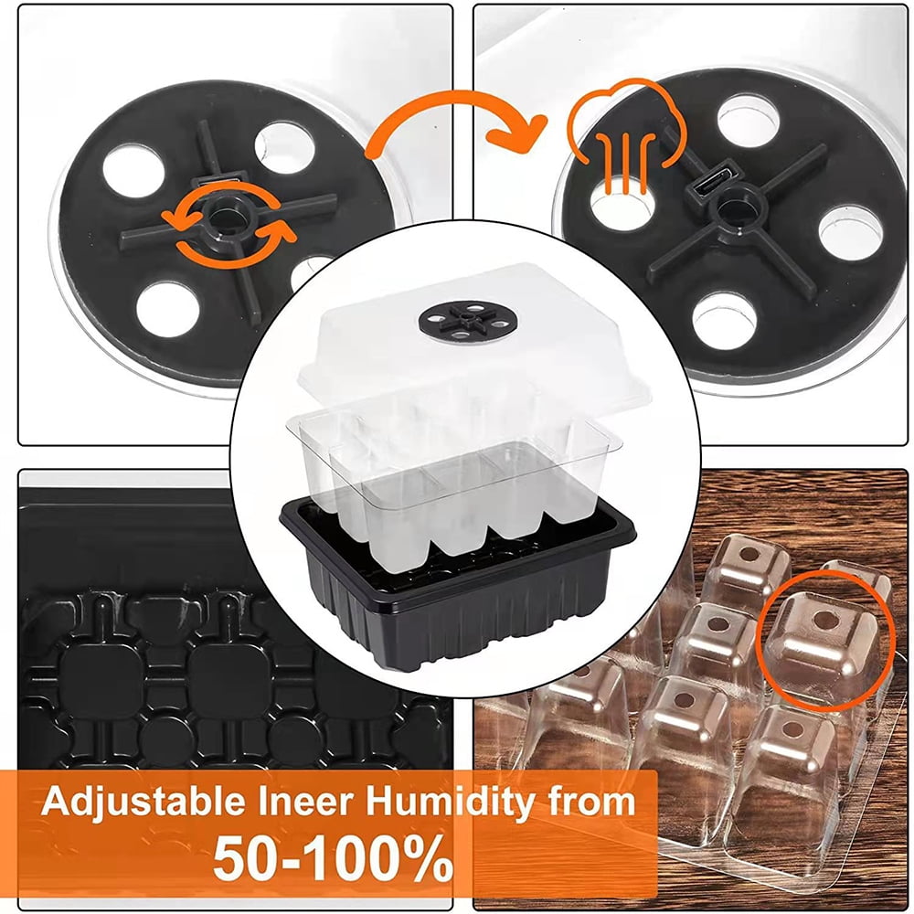 Seed Starter Trays Kit Seedling Trays Seed Starter Tray with Dome and Light Greenhouse Growing Trays Plant Germination Trays with Holes 60 Cell 5 Pack/set