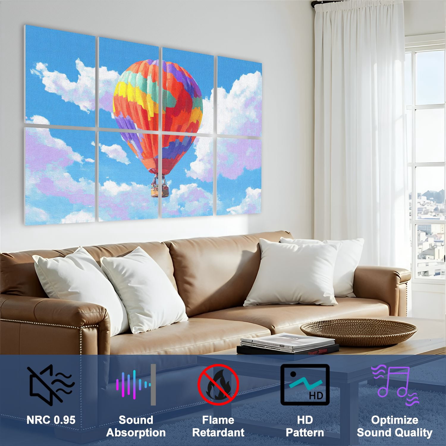 8 Pack Art Acoustic Panels Sound Absorbing Hot Air Balloon Landscape Embroidery Rhinestone Decorative Soundproof Wall Panels Self Adhesive for Nursery Game Room Bedroom 48"x32"