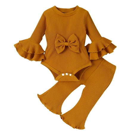 

Mom And Baby Matching Shoes Girls Long Sleeve Ribbed Bowknot Romper Bodysuit Ruffles Bell Bottoms Pants Outfits