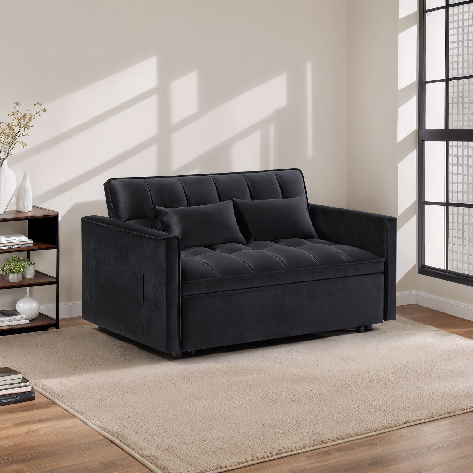 Gewnee 54" Velvet Upholstered Pull Out Sleeper Loveseat for Home,Office,Guest Room.Black