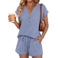 thumbnail image 2 of Women's 2 Piece Lounge Sets Oversized Henley Top & Shorts,Soft Rayon Wrinkle Resistant Travel Outfits with Pockets,Light Blue XXL, 2 of 7