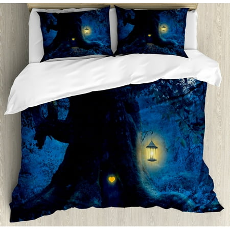 Forest Duvet Cover Set Magical Night With Little Home In Trunk Of
