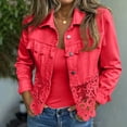 thumbnail image 2 of BODOAO Cropped Denim Jackets for Women Lace Crochet Patchwork Button Front Coat with Tassel Detail and Long Sleeves Casual Boho Layering Top for Spring and Fall Outfits Red S, 2 of 3