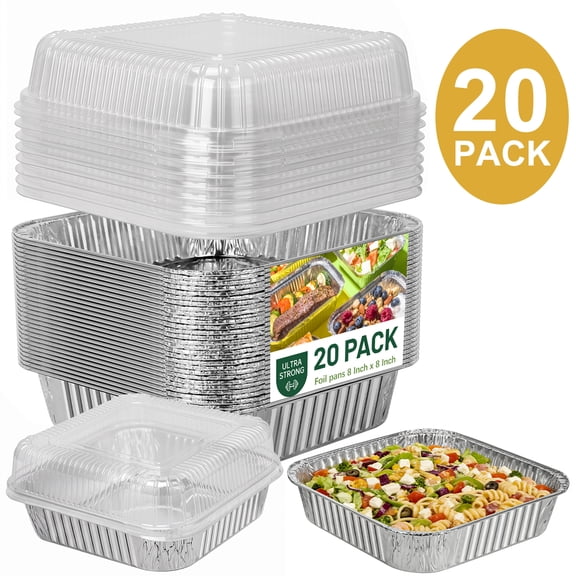 GPED Aluminum Pans with Clear Plastic Lids-20 Pack, 8x8 INCH Square Baking Cake Pans,Heavy Duty Foil Pans with Clear Plastic Lids for Cooking, Meal Prep, Storage & Takeout