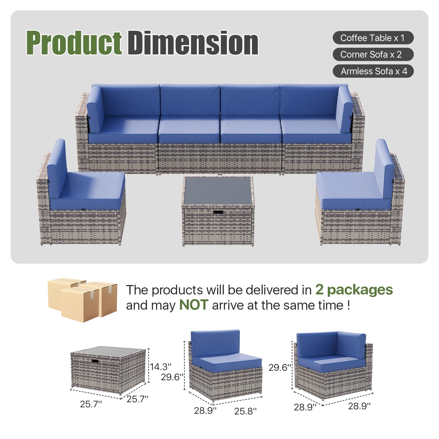 BaPiPro 7‑Piece Modular Outdoor Patio Furniture Set, Gray Wicker Sectional Sofa with Thickened Navy Blue Cushions & Coffee Table, All‑Weather for Backyard, Porch, Deck & Balcony