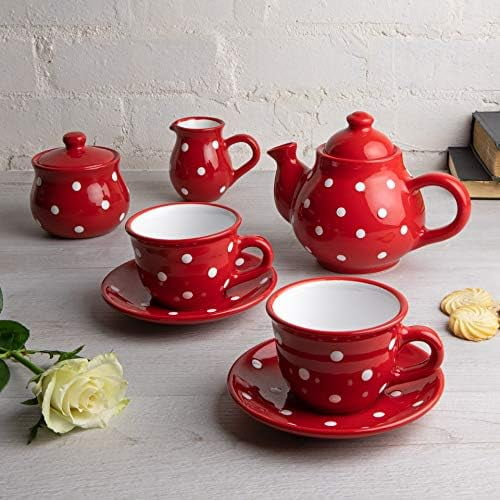 Red and White Polka Dot Handmade Ceramic Teapot, Milk Jug, Sugar Bowl With 2 Cups and Saucers Tea Set