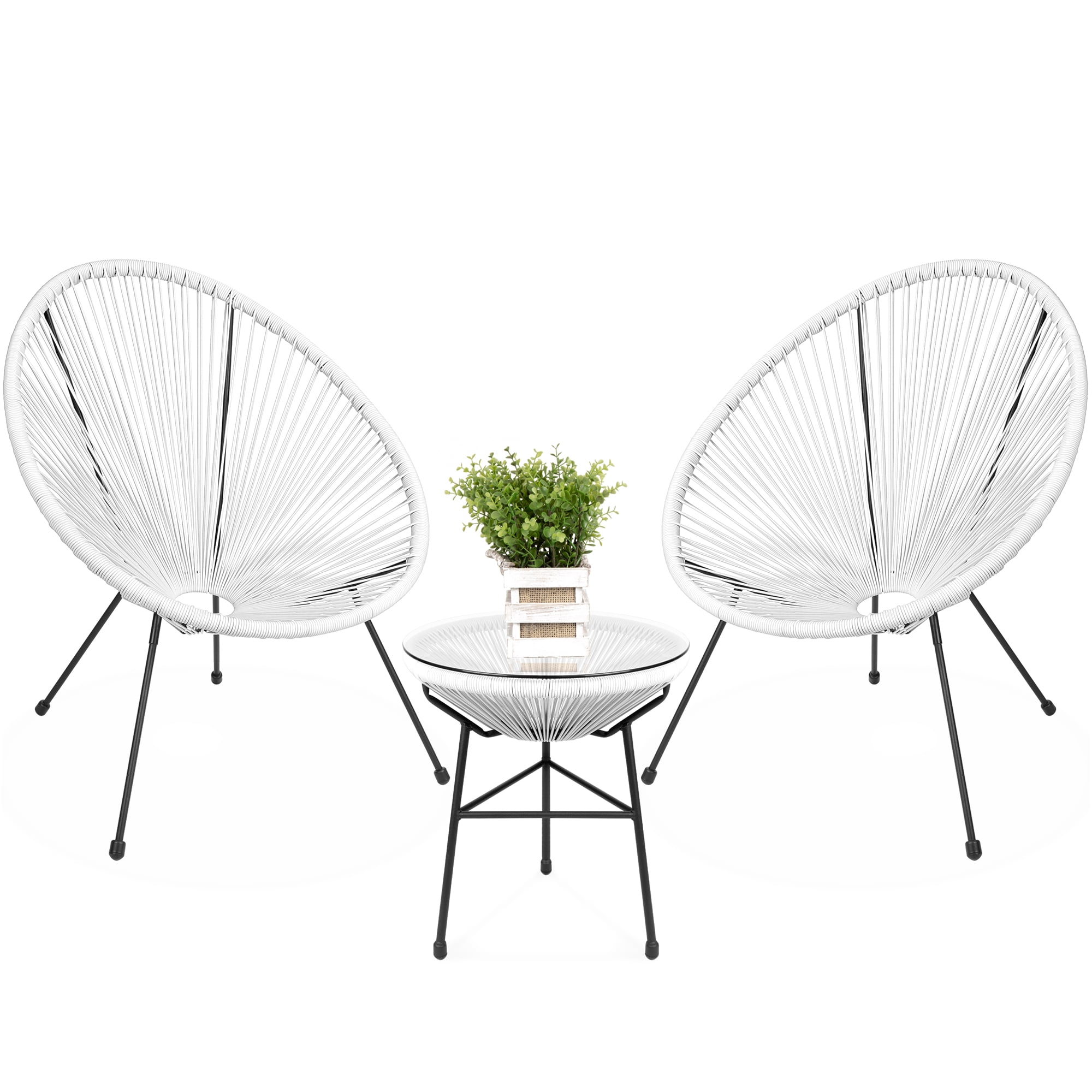 Best Choice Products 3-Piece All-Weather Patio Acapulco Bistro Furniture Set w/ Rope, Glass Top Table - White