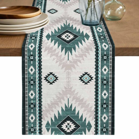 Green Beige Boho Table Runner 70 Inches Long,Vintage Ethnic Tribal Southwestern Cotton Linen Table Runners Dresser Scarves,Fabric Tabletop Scarf Furniture Cover for Home Dinner Party 13"x70"