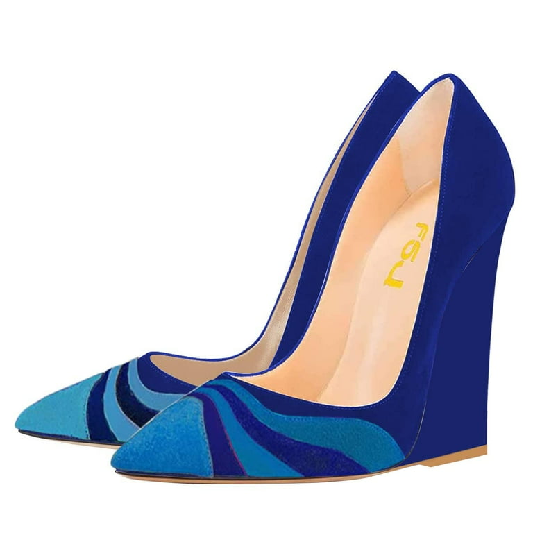 FSJ Women Formal Wedges High Heel Slip On Pumps Pointed Closed Toe Wedding  Party Evening Dress Office Shoes Size 16 Blue - Walmart.com
