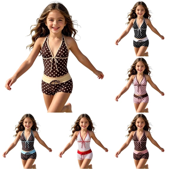 CUZIBR Girls Swimsuit Floral Print Summer Tie Front Two Piece Stylish Strappy Polka Dot Halter Tank Top Shorts Tankini Sets Sunny Beach Bathing Suit,Yellow,13-14 Years