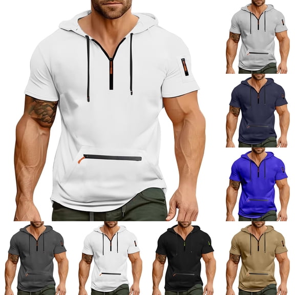 Men's Summer Short Sleeve Hooded Sweatshirt with Zipper Pocket, Oversized Casual Pullover for Sports, Warm Weather,Black,L