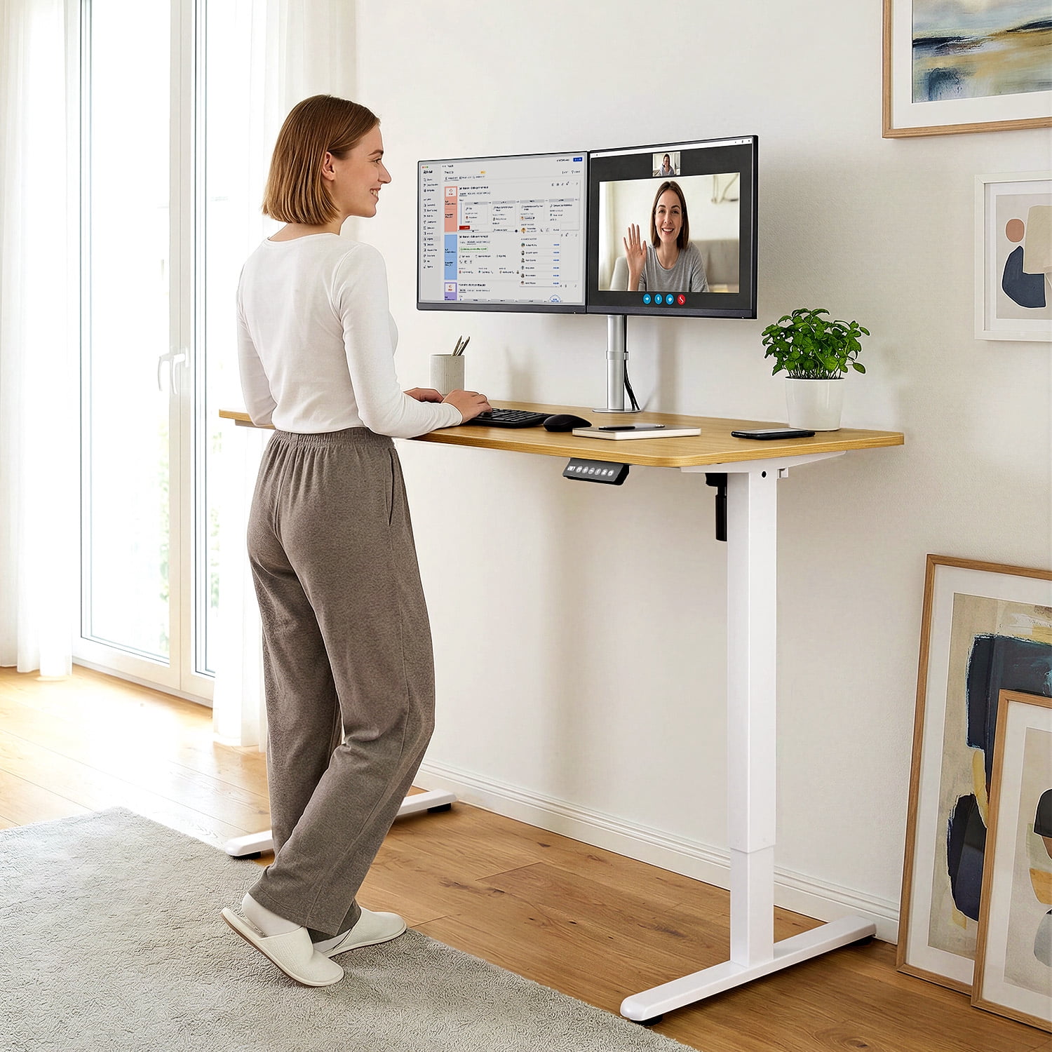 Gylador Electric Standing Desk, 55''x24'' Height Adjustable Desk with Memory Preset, Stand up Desk with Electric Lift, Electric Desk for Home, Computer Desk, Office Desk, 2 Boards, Oak