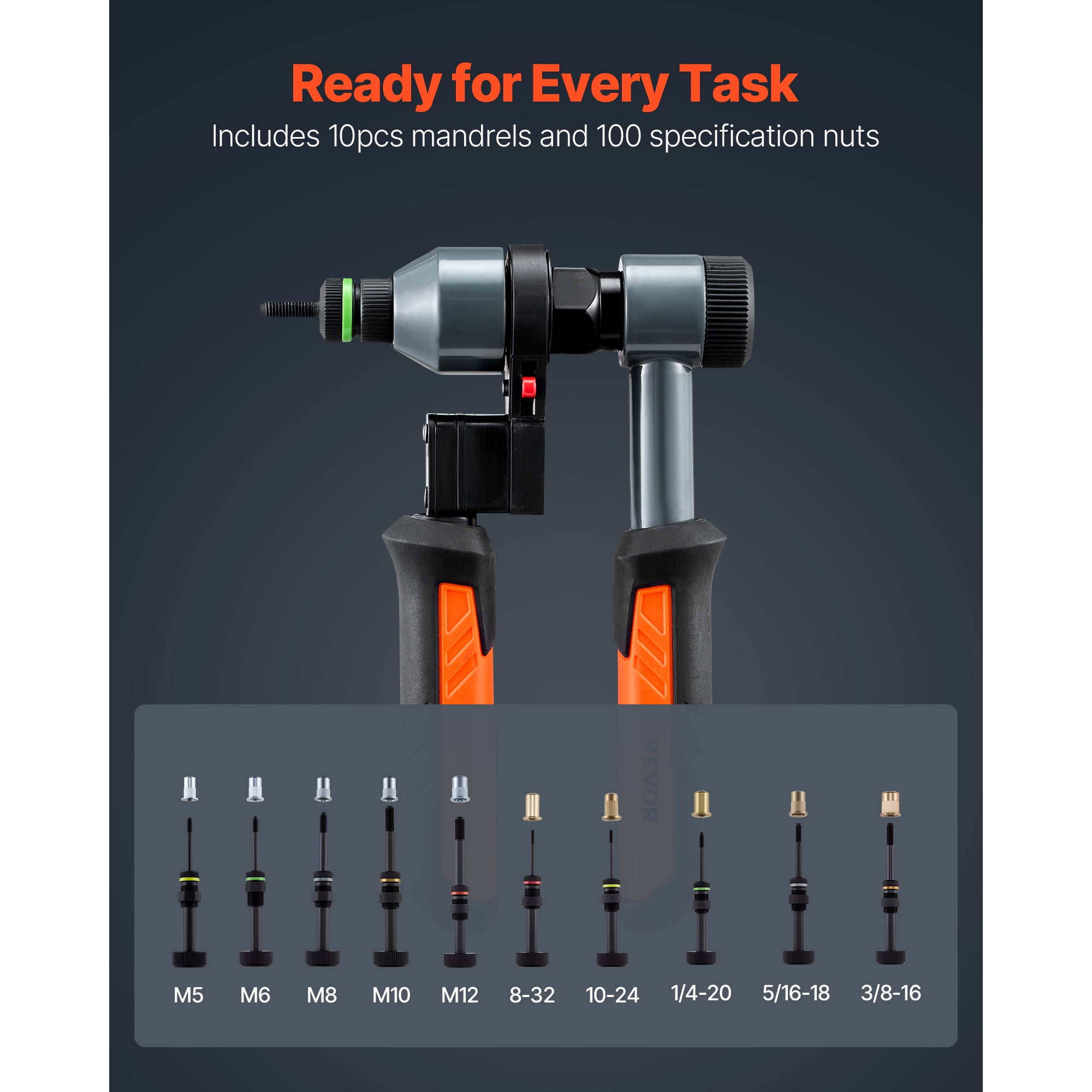 KFFKFF 9-Inch Ratchet Rivet Nut Tool Kit, Includes 10 Mandrels and 100 Rivet Nuts, Compatible with Metric and SAE Sizes: M5, M6, M8, M10, M12, 8-32, 10-24, 1/4-20, 5/16-18, 3/8-16 UNC