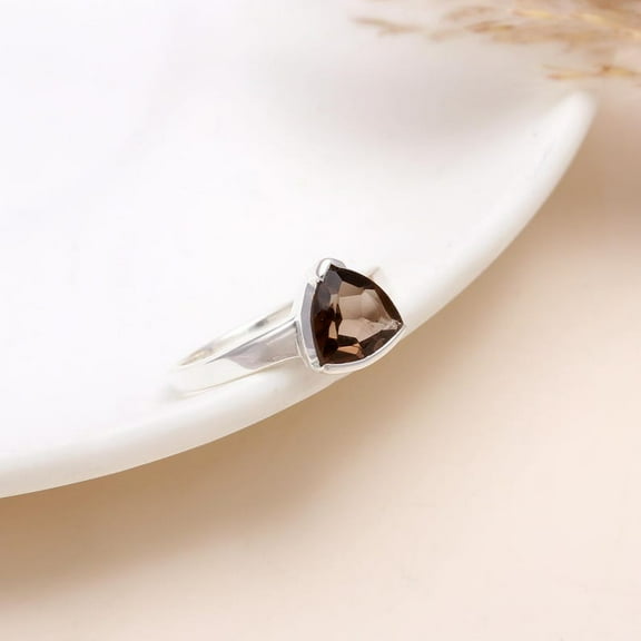 AG 925 Jewellery Faceted Smoky Quartz Trillion Gemstone Ring, Sterling Silver, Minimalist, Bespoke, Boho