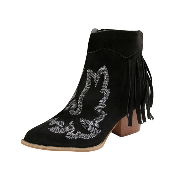 Black Womens Winter Ankle Boots With Round Toe And Side Zipper Chunky Heel For Casual And Ethnic Style