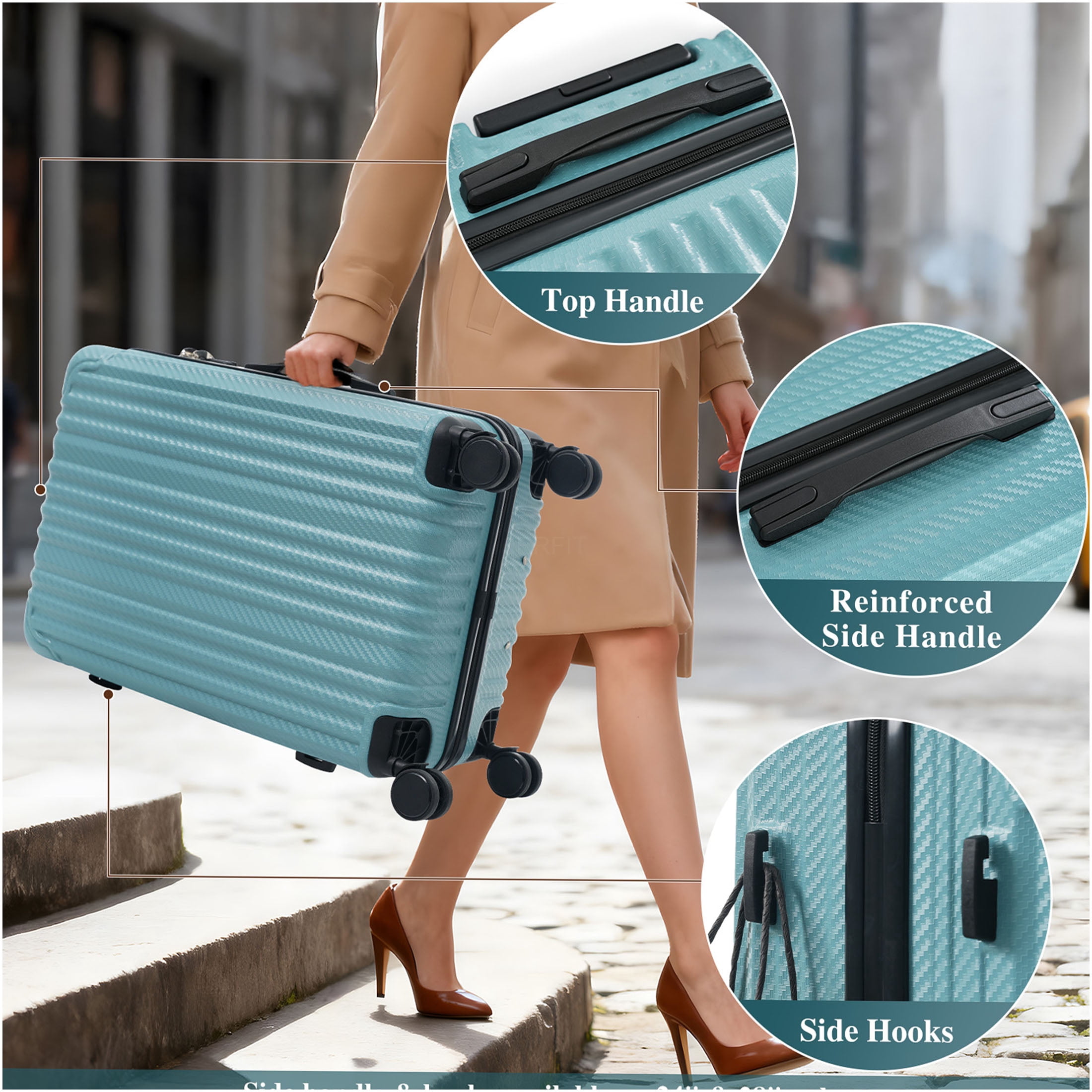 JERFIT 3-Piece Hardshell Luggage Set with TSA Lock, Spinner Wheels, Ice Blue ABS Suitcase for Carry On and Checked Bags