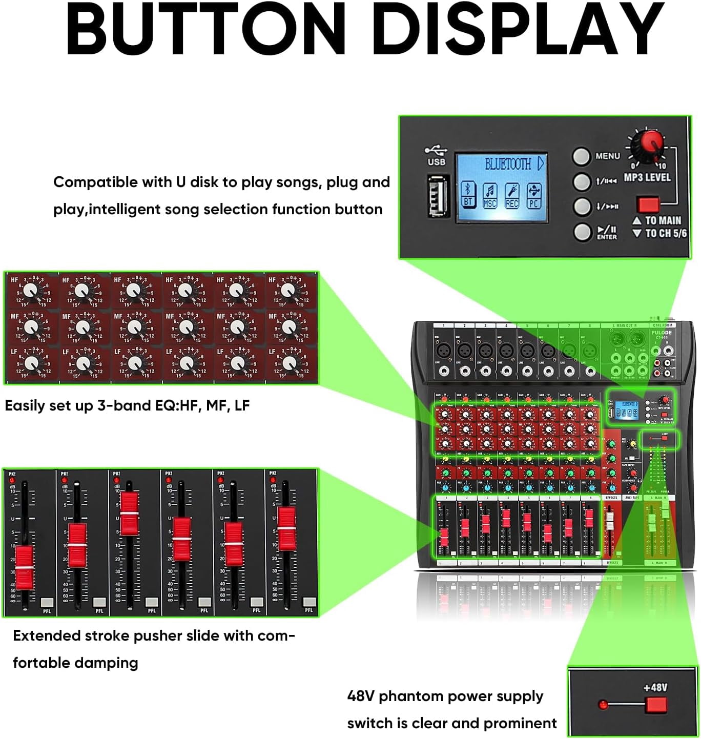 Audio Mixer 8 Channel, CT-80S Professional Sound System Mixer Board DJ Mixing Console with Reverb MP3 Player Bluetooth 48V Phantom Power Supply USB Recording for Studio Karaoke Live Music