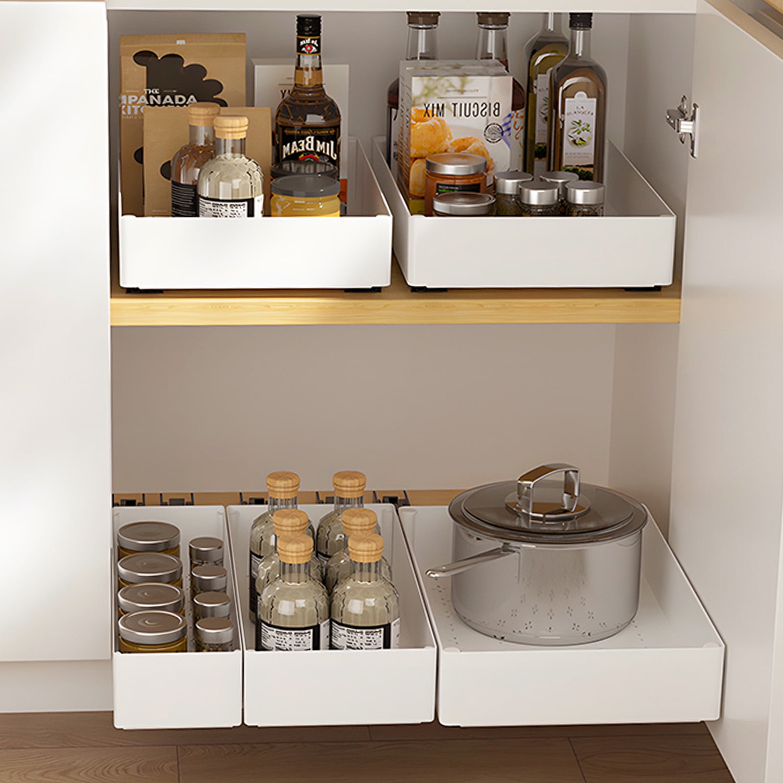 3PCS Pull Out Cabinet Organizer Adhesive with Nano Film,Slide Out Drawers Adhesive Heavy Duty Storage Drawer Shelf with 3PCS Divider Racks for Kitchen Pantry Bathroom Home