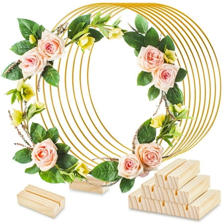 15 Set 12 Inch Metal Floral Hoop Wreath Macrame Large Hoop Centerpiece with Stand Gold Craft Hoop Rings Round Dream Catcher Rings for DIY Wedding Wreath Table Decorations Centerpiece Macrame Crafts