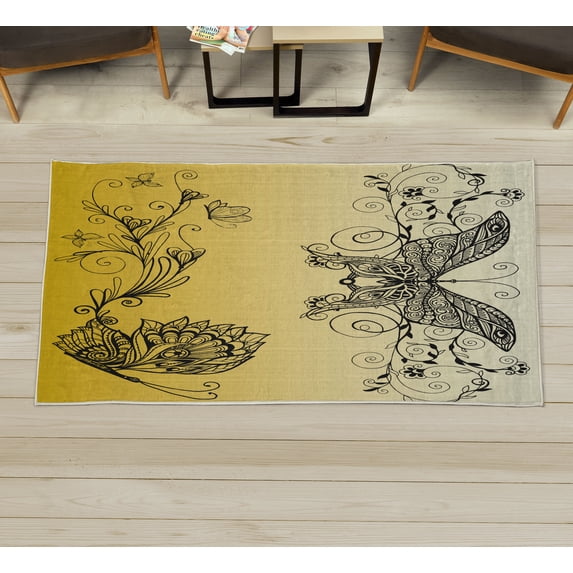 Spring Decorative Rug, Butterfly with Floral Mandala Pattern Bohemian Design with Butterfly Wings, Quality Carpet for Bedroom Dorm and Living Room, 6 Sizes, Mustard Black, by Ambesonne