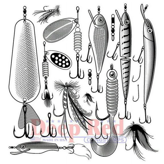 Deep Red Cling Stamp 4"X5"-Fishing Lures Background