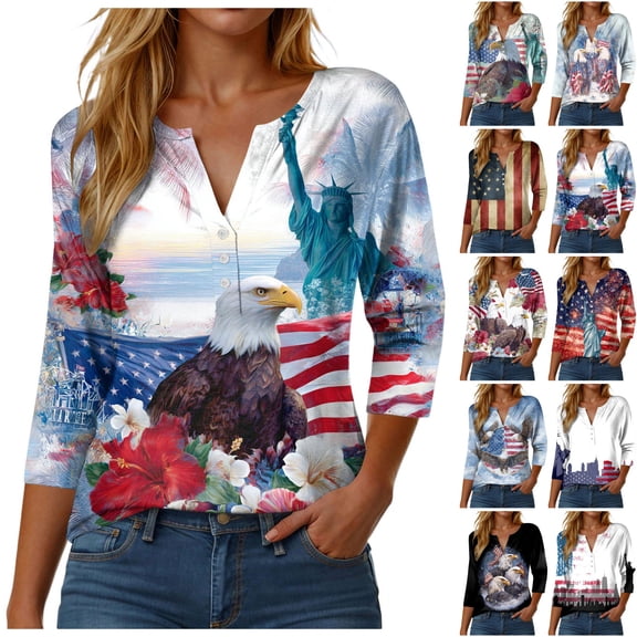 GEWSEY America 250 Tshirt 3/4 Sleeve Tops V Neck Independence Day Shirts Patriotic Pattern Tunic Tops (Black, L)