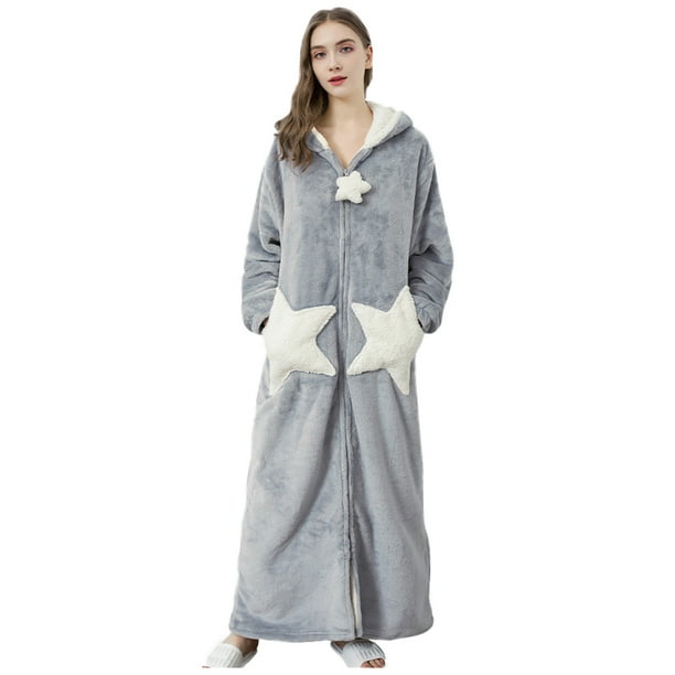 Womens Fleece Hooded Robe Plush Long Zip Front Sherpa Bathrobe Winter