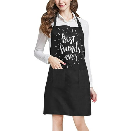 ASHLEIGH Adjustable Bib Black Apron for Women Chef with Pockets Best Friends Ever Hand Draw Lettering Friendship Novelty Kitchen Apron for Cooking Baking Gardening Pet Grooming