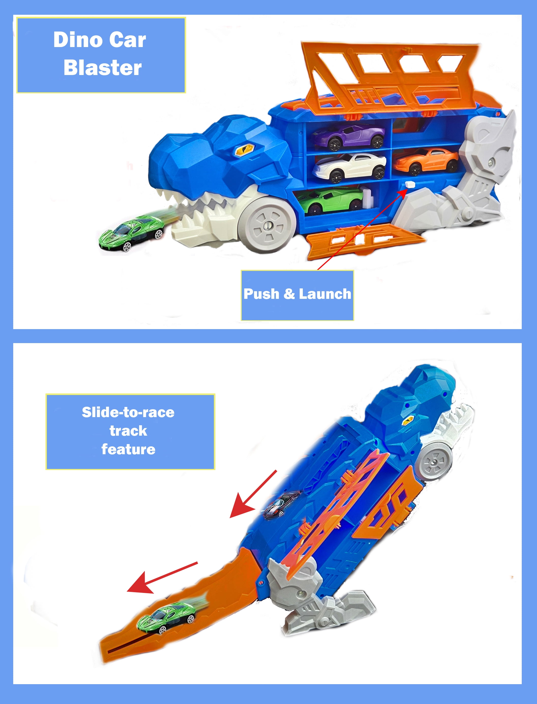 Dinosaur Transporter Truck Toy Combo – Set of 2 (Blue & Green) with 8 Die-Cast Cars – Dino Launcher & Slide-Out Track – Race Playset for Kids Ages 3+