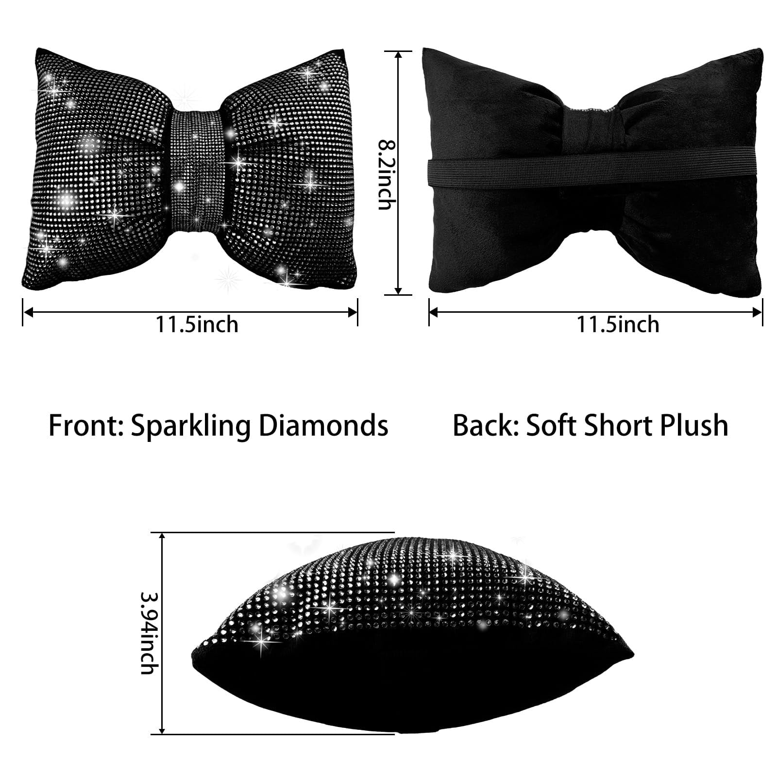Chasenew 2 PCS Bling Bowknot Car Headrest Pillow, Rhinestone Car Neck Pillows for Driving, Bling Interior Accessories for Women Comfortable Neck Support Pillow(Black)
