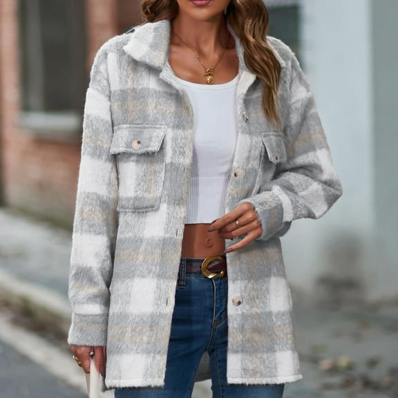 Meichang Jackets for Women Fleece Long Sleeve Shacket Plaid Print Outwear Lapel Button Down Coat with Pockets Fall