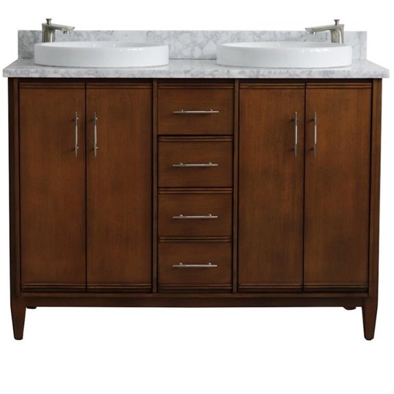 MCM 49" Double Round Sink Vanity with White Marble Stone in Walnut