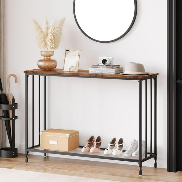 Console Table, Sofa Tables Narrow Entryway Table with Glass Shelf and Metal Frame, 33.5” Behind Couch Table Industrial Hallway Table for Living Room, Foyer, Bedroom