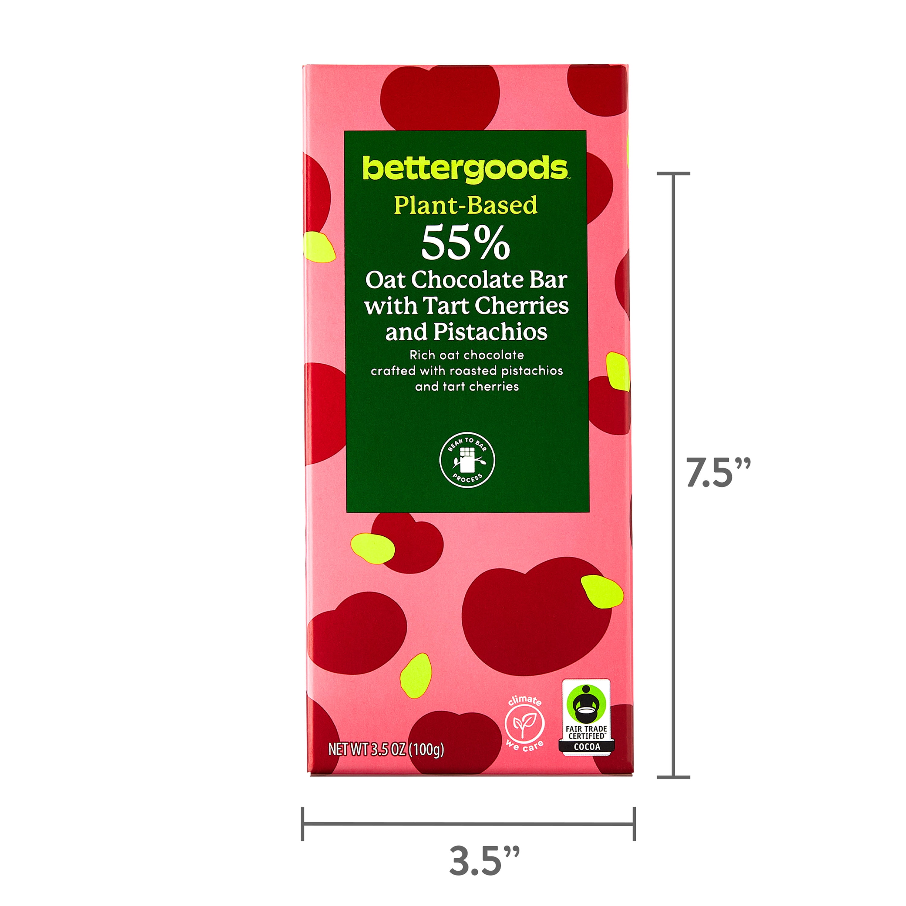 bettergoods Plant-based 55% Oat Chocolate Bar with Tart Cherries and Pistachios, 3.5 oz
