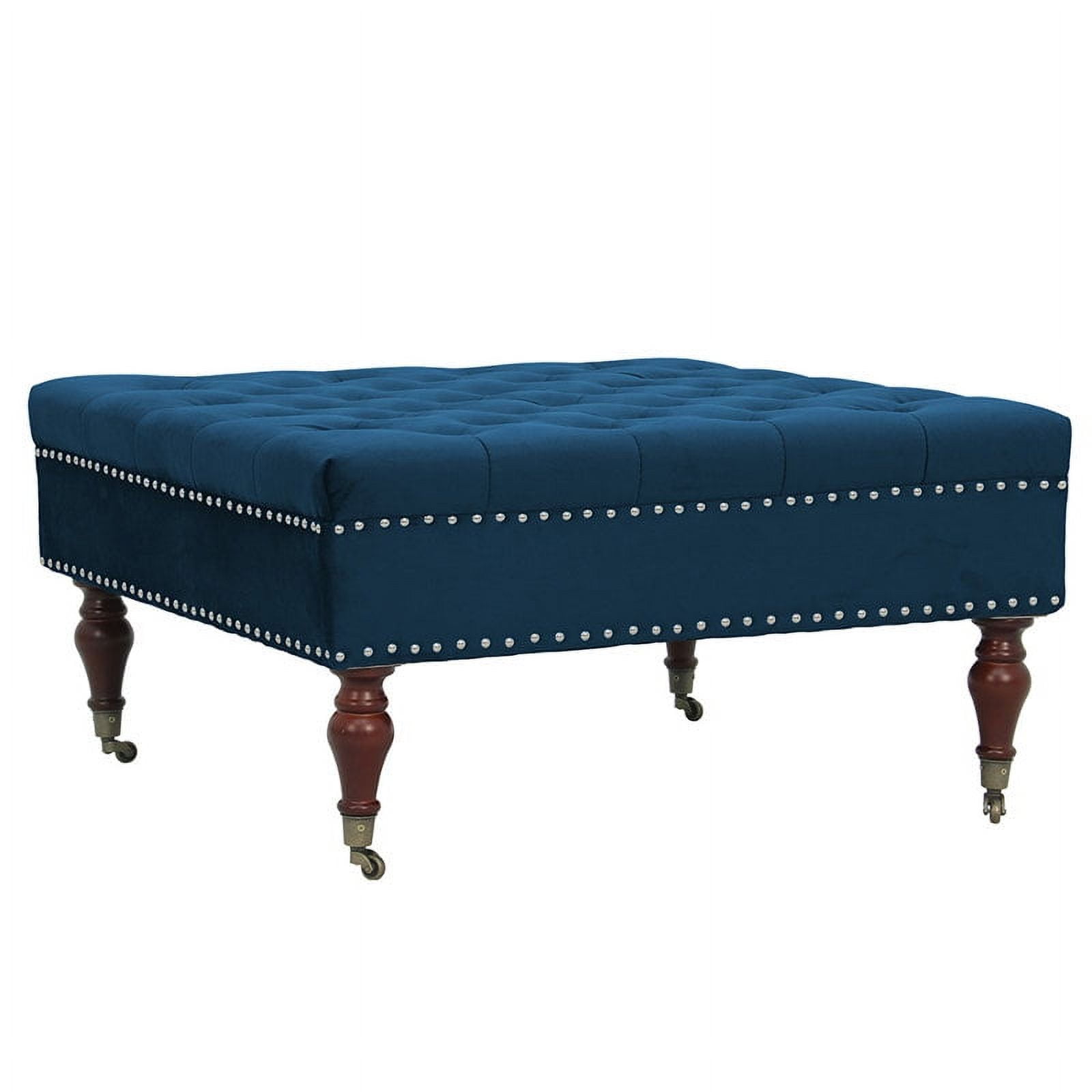 Square Navy Velvet Tufted Upholstered Cocktail Ottoman with Wheels