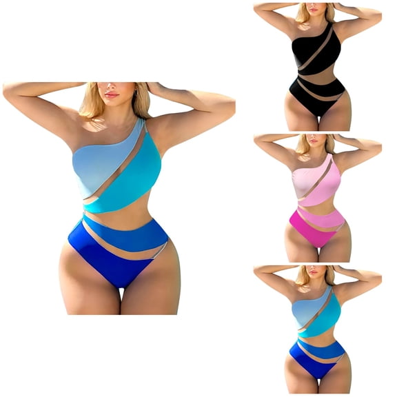 Womens High Waisted One-Piece Swimsuit with Mesh Panels, One-Shoulder Sexy Monokini with Chest Pad and Tummy Control