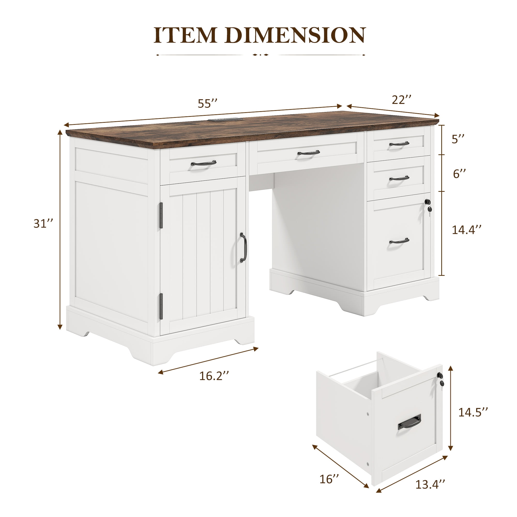 Executive Desk with File Drawers, 55'' Farmhouse Desk Modern for Adult Home Office, White