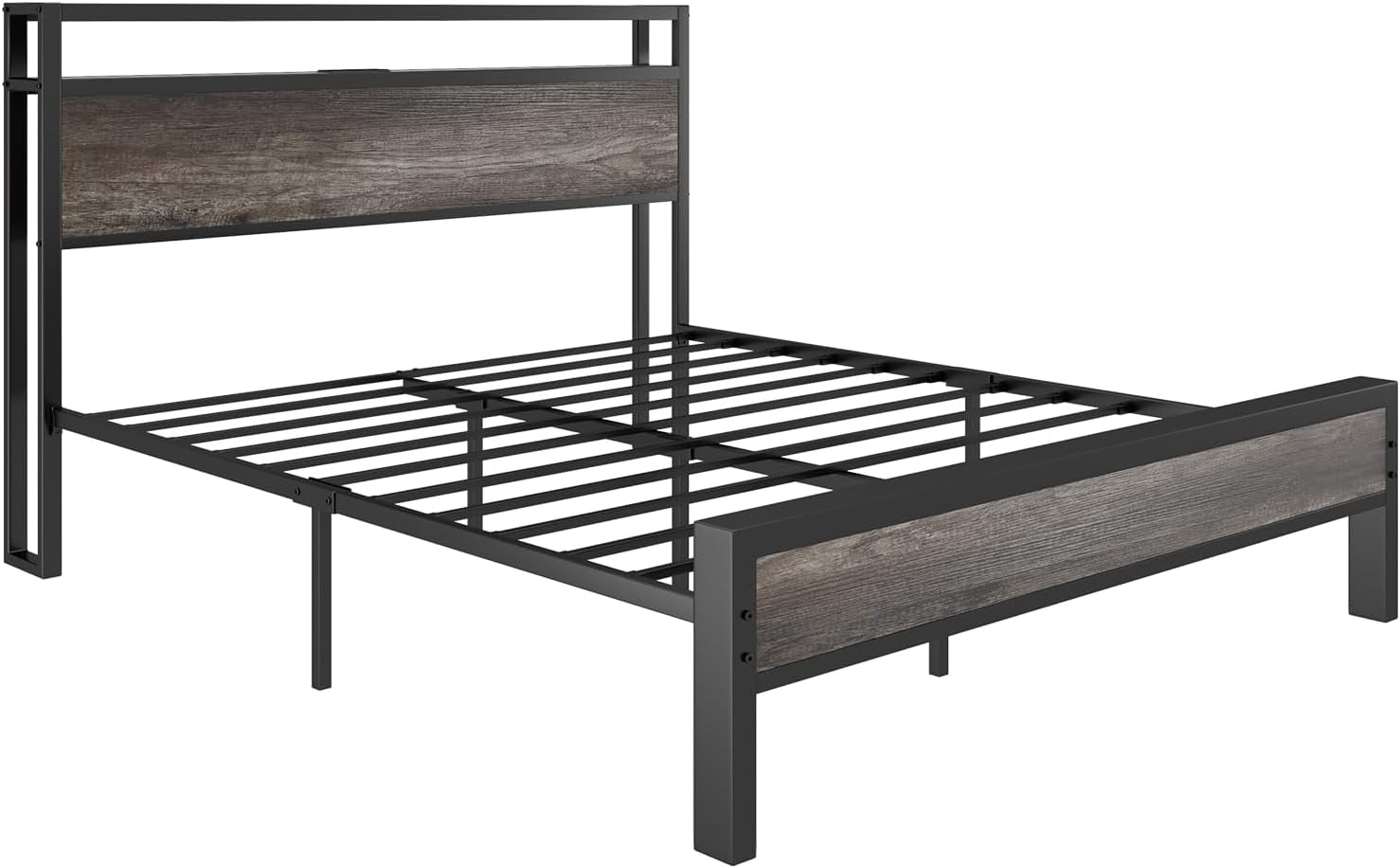 Merluxy Queen Size Bed Frame Industrial Platform Bed with Charging Station, 2-Tier Storage Headboard/ No Box Spring Needed/ Noise-Free/ Rustic Gray